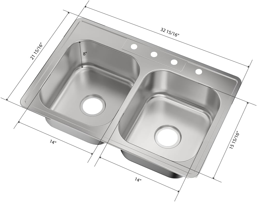 MERCURY 33 in. 20-Gauge Stainless Steel Top Mount Rectangular 50/50 Double Bowl Kitchen Sink (Sink Only)