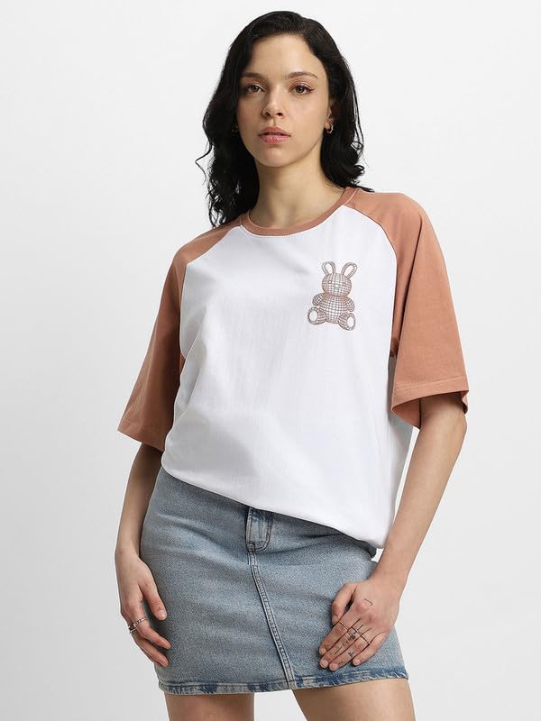 Image of JUNEBERRY Pure Cotton Oversized Fit Drop Shoulder Stylish & Front & Back Graphic Printed Round Neck T-Shirt Combo for Women (Pack of 2)