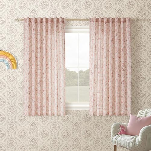 Image of Pink Floral Linen Sheer Curtains 45 Inch Length 2 Panels Set for Kitchen | Patterned Drapes, Semi Sheer, Girls Bedroom, Back Tab, Rod Pocket, Farmhouse, Boho, Cute, Short Cafe Window 52x45, Blush