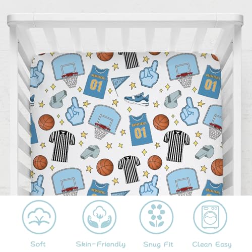 Image of Funny Basketball Baby Crib Sheet 52''x28'' Basketball Sports Snug Fitted Crib Mattress Cover for Boy Girl Basketball Balls Hoop Uniform Soft Nursery Baby Sheets for Standard Crib Toddler Mattress