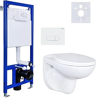 Belvit Hänge WC Komplettset - Basic Vorwandelement + Wand Toilette Weiß Spülrandlos mit Toilettendeckel mit Absenkautomatik + Betätigungsplatte + Schallschutz - Komplettset Toilette