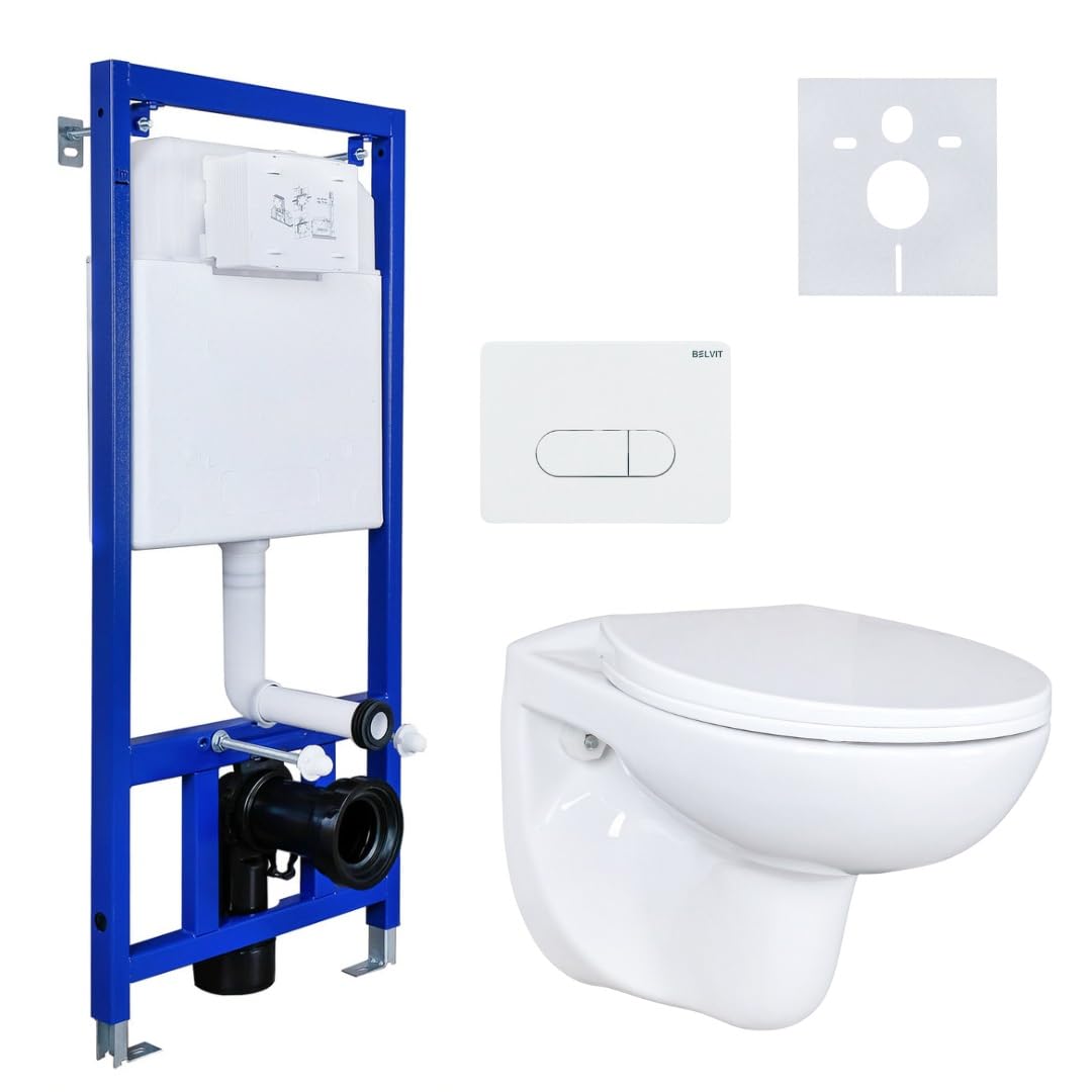 Belvit Hänge WC Komplettset Weiß Spülrandlos | Basic Vorwandelement, Toilettendeckel mit Absenkautomatik, Betätigungsplatte, Schallschutz