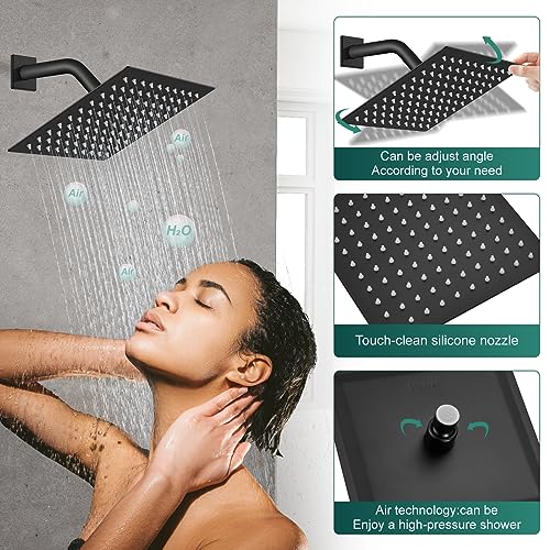 Matte Black Shower Faucet Set Bathroom Rainfall Shower System Square Sus304 Stainless Steel Showerhead Single Function Shower Trim Kit 1 Handle With Rough-In Valve #TOP5