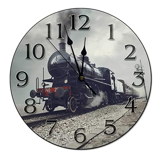 Old Train Clock Living Room Clock 10 Inch Wall Clock Silent Non-Ticking Wooden Wall Clocks Battery Operated Farmhouse Wall Decor Home Decor for Kitchen Home Bedroom