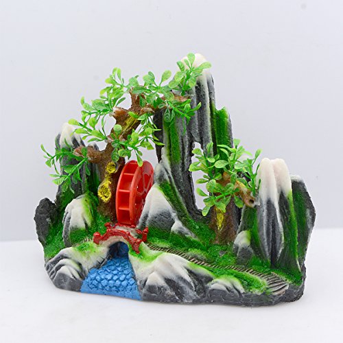 Saim Large Fish Tank Decorations Mountain View Aquarium Ornament with Waterwheel Village Ornament, Fish Tank Rockery Cave for Betta Cichlids Hideaway Cave for 10-30 Gallon Tank - Thumbnail 7