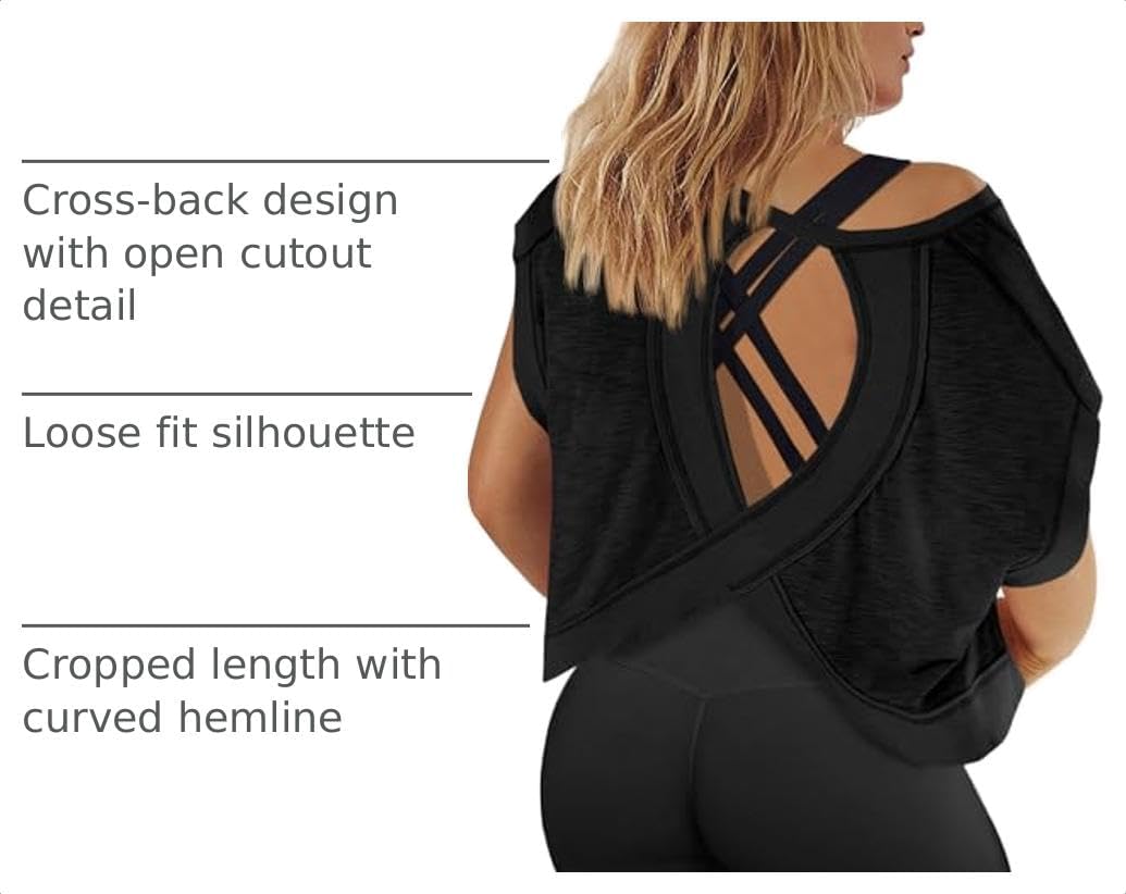 Fisoew Womens Plus Size Open Back Workout Tops Backless Athletic Shirt