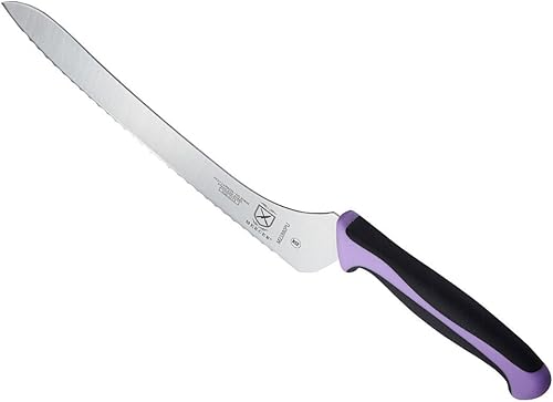 Vista 230 de Mercer Culinary Millennia Colors - Cuchillo Santoku, borde Granton de 7 pulgadas, color rojo