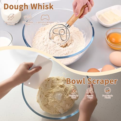 Fvbber Danish Dough Whisk Set 7 Piece with Wooden Handle - Sourdough Baking Supplies Kit Includes Bread Whisk, Scoring Tool, Dough Scraper, Baking Mat & Pastry Brush - Top Gadgets for Bakers - Thumbnail 4