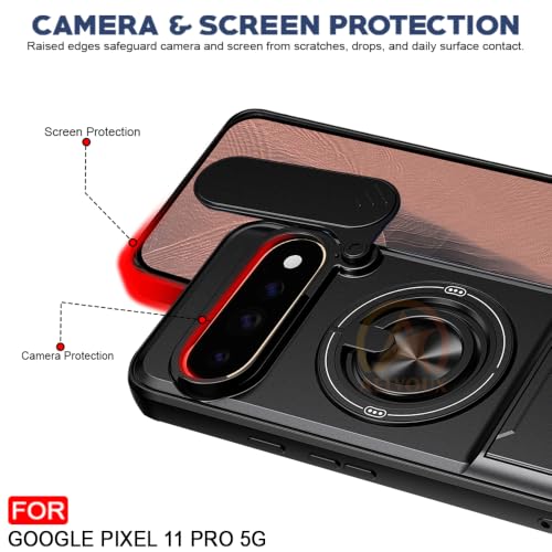 Image of Google Pixel 11 Pro Back Cover | Armor Camera Slider 360 Degree Rotating Finger Ring Holder Case with Bracket Stand Back Case Cover (Compatible with MagSafe Accessories) (Black)