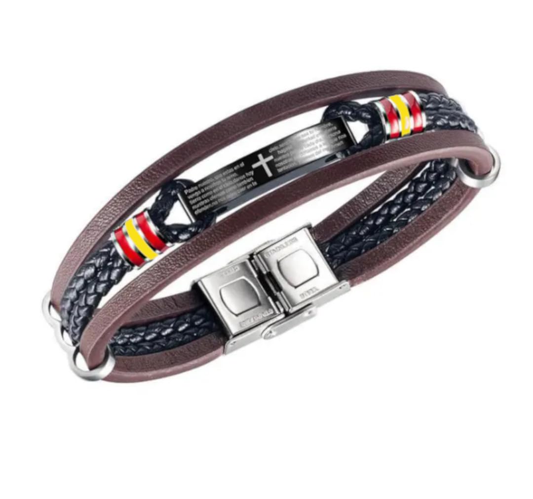 HOGALTHY Pulsera España Hombre - Pulsera Bandera España - Pulsera Hombre Cuero - Pulsera de Cuero Hombre y Acero Inoxidable de 21 cm con Cierre de Seguridad - Regalos Hombre