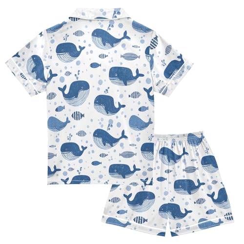 Blue Whale Cute Cartoon Pattern Summer Satin Pajama Set, Cute Button-Down Sleepwear Pj Set for Sleep Wears2