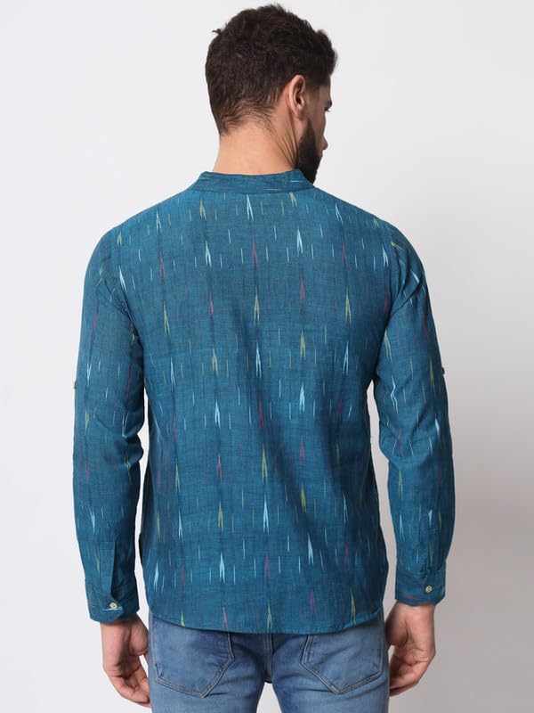 Image of Vastraa Fusion Men's Handloom Weaving Pure Cotton Short Kurta, Round Collar, Full Sleeves,Button Kurta, Ethnic Wear