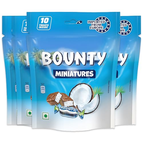 Image of Bounty Miniatures Filled Chocolate Pack | Imported Chocolates | Soft & Tender Coconut in the Centre | Premium Chocolate | 10 Mini Coconut Bars | 100 g | Pack of 4