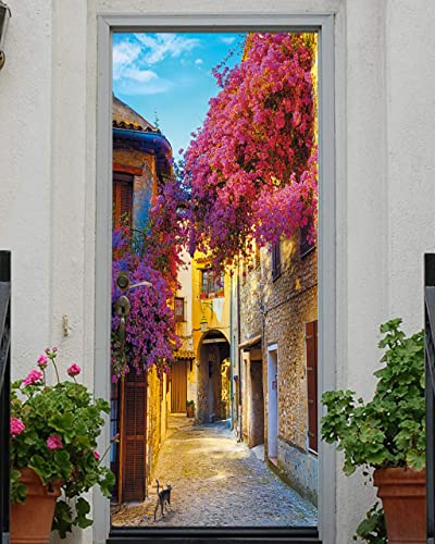 FLFK Door Decal Sticker - Retro Street,Peel and Stick Mural,Combined Size 36"x80",Split into 2 Pieces