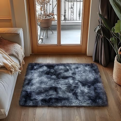 Small Area Rug, 2x3 Rug for Bedroom Shaggy Throw Rugs for Dorm Rug, Soft Tie Dyed Carpet for Kids Room, Plush Non-Slip Fluffy Bedside Rug for Home Decor Aesthetic, Blue Grey