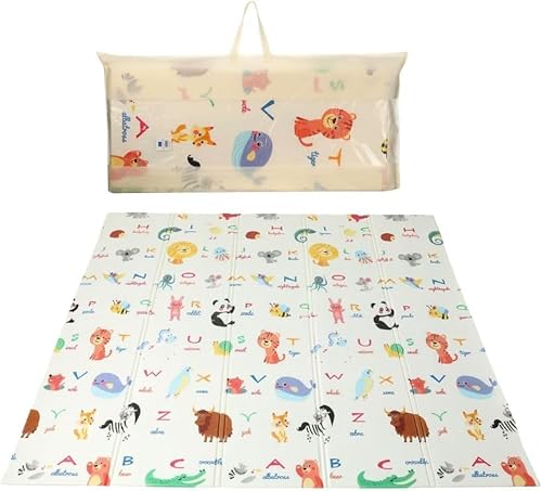 Baby Play Mat for Floor – Foldable Waterproof Foam Playmat for Babies & Toddlers – Large 200 x180cm Reversible Non Slip Nursery & Playroom Mat – Alphabet & Animal Design