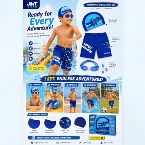 Image of Kids 6-in-1 Water Activity Kit with Trunks, Silicone Cap, Anti-Fog Goggles, Swim Tube, Nose Clip & Earplugs -Swim Set for Boys Pool, Beach