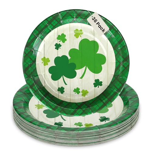 Iconikal 36-Count Disposable St. Patricks Day Paper Dessert Plates Shamrock Green Plaid Design 7-Inch