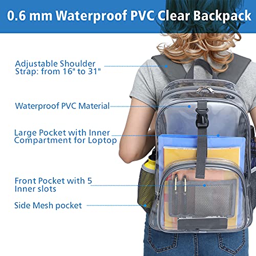 F-Color Clear Backpack, Large Clear Backpack Heavy Duty With Lunch Bag For Student, Women, Men, School, Stadium, Travel, Transparent Backpack With Front Buckle, Grey, 16.1 X 6.1 X 12.9 Inches #TOP5