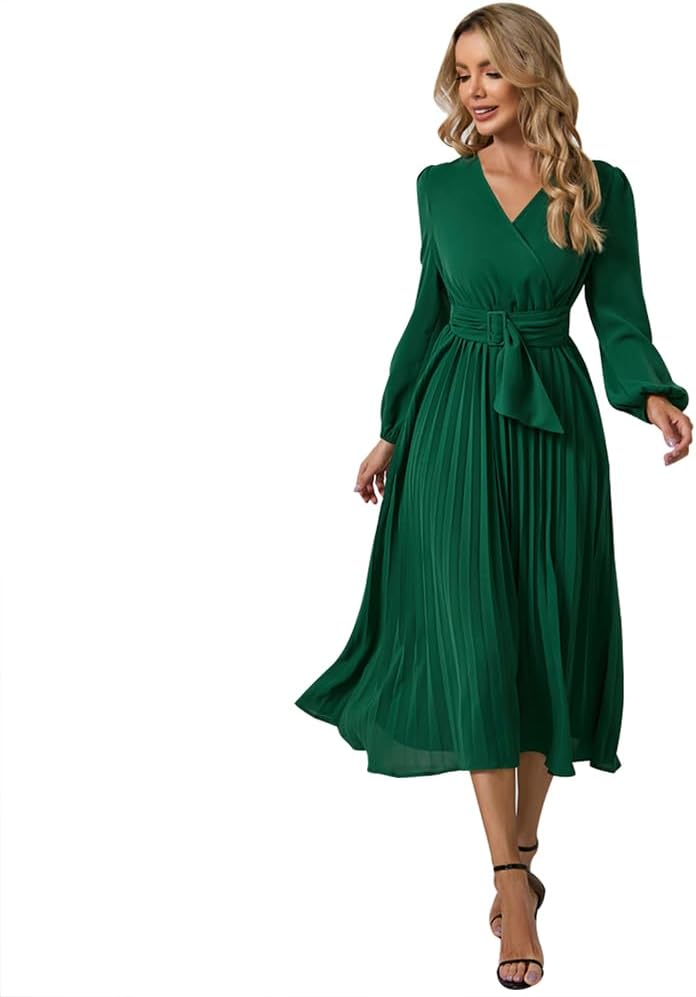 Plus Emerald Green Long Sleeve Midi Dress Size 18 VERWIN Chiffon Dresses  For Women Long Sleeve