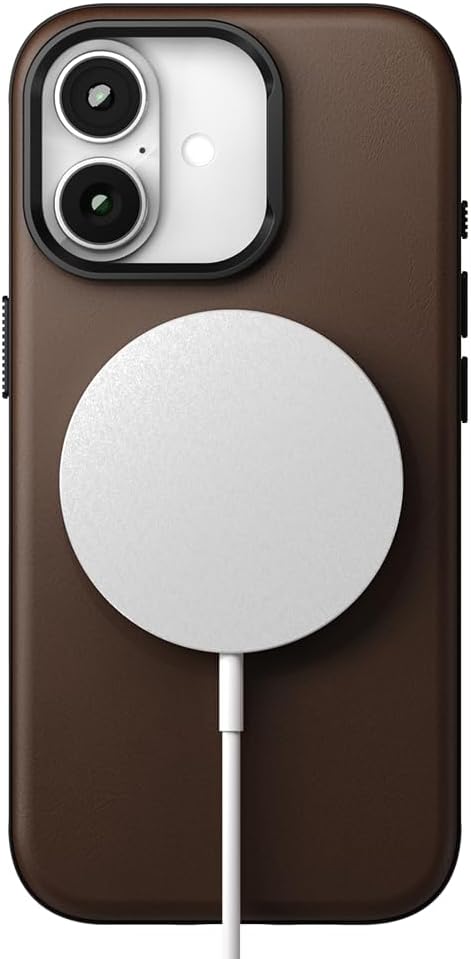 POUT CaseLoop Leather for iPhone 17 – Netherlands Full-Grain Leather Case, Compatible with MagSafe, 0–120° Magnetic Stand Ring, Oil-Waxed Veg-Tan Finish, Camera Button, Aluminum Bezel - Cinnamon Brown