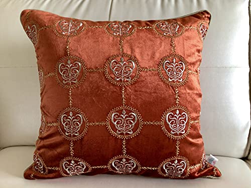 Image of TARA- Sparkling Homes 18 x 18 Inches Zari Embroidered Velvet Cushion Covers, 'Cleopatra' from 'The Royal Collection', Set of 1 (Burnt Orange, 18 x 18 Inches)