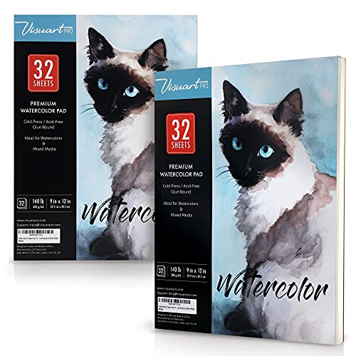 Watercolor Paper 9x12 Inch, 140lb (330gsm), Cold Pressed Premium Pad Ideal for Wet or Dry Techniques, 2 Pk with 32 Sheets Each