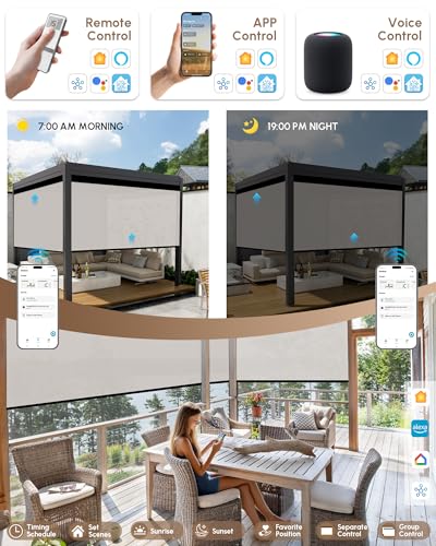 Image of Kincmo Motorized Outdoor Shades for Patio Porch, Custom Outdoor Motorized Blinds with Remote, Waterproof & Windproof Patio Shades Work with Apple Home,Alexa,Google (White-1% Openness)