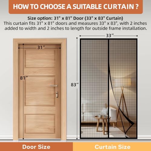 Image of METAONLY Fiberglass Magnetic Screen Door Mesh, Works for Patio, Sliding Door, Keeps Bug Mosquito Out, Fresh Air Flow, Fits 31 inch x 81 inch Door - Curtain Size 33 inch x 83 inch, Black