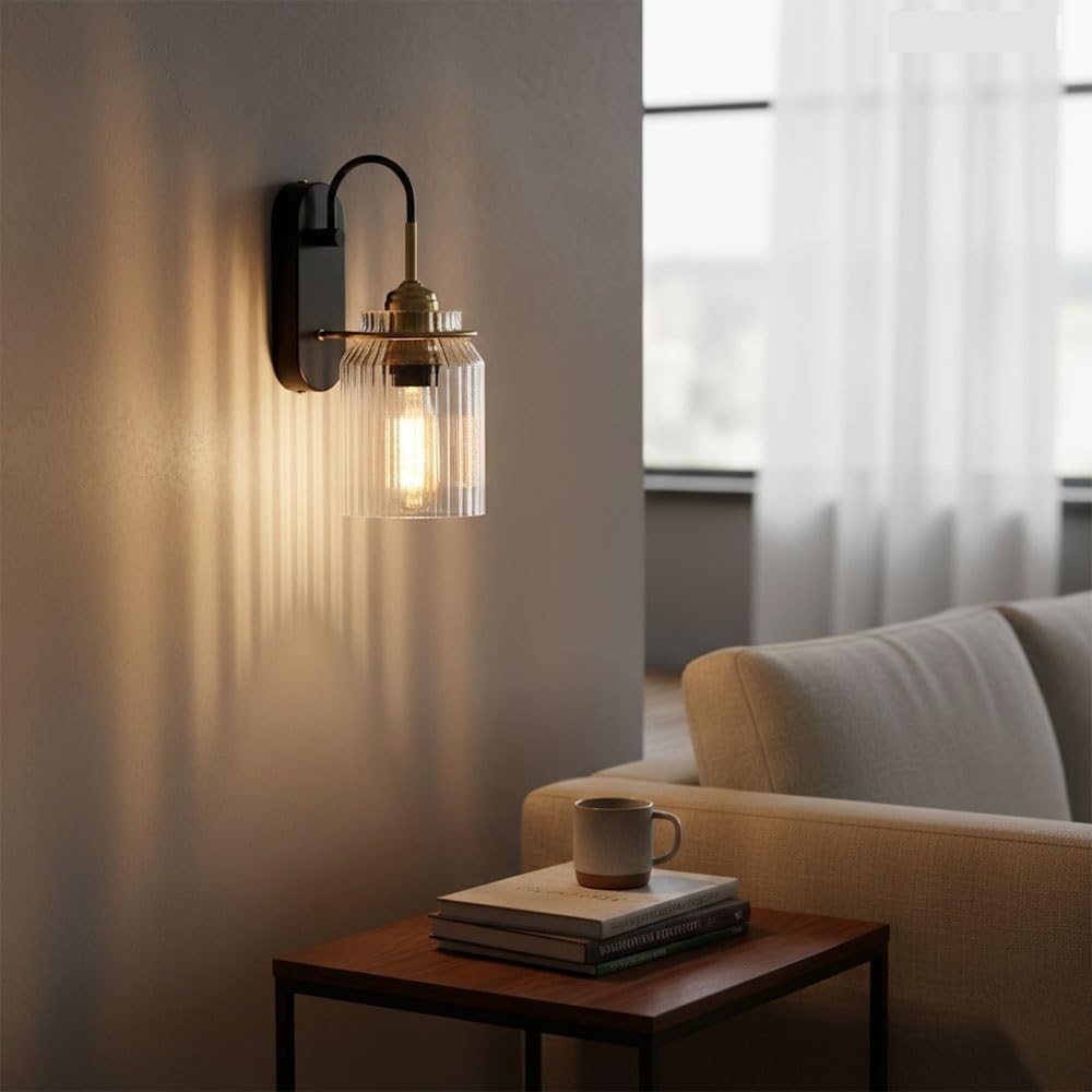 Fluted Glass Wall Sconce, Ribbed Glass Wall Lamp Light Fixture, Industrial Vanity Light, Gold Finish Retro Sconce,Aesthetic Decor for Bedroom Living Room Bathroom Mirror Hallway Parlor