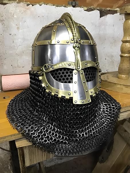 Medieval Viking Vendel Helmet with Chainmail, 14 Gauge Steel, SCA Combat Ready, Brass Accents