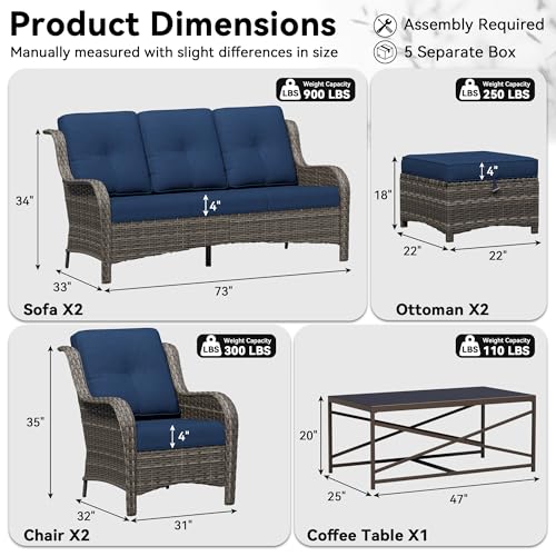 Image of 7 Piece Outdoor Wicker Patio Furniture Set, Patio Chairs Set with Thickened Olefin Cushions, High Back and Deep Seating, Hand-Woven PE Rattan, Ottoman for Porch, Deck
