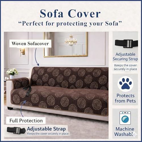 Image of STITCHNEST 'Opulence Series' Floral Woven Sofa Cover for 2 Seater | Premium Soft Fabric Sofa Protector | Brown Circular Pattern with Tassel Edge Finish | Durable Living Room Furniture Cover