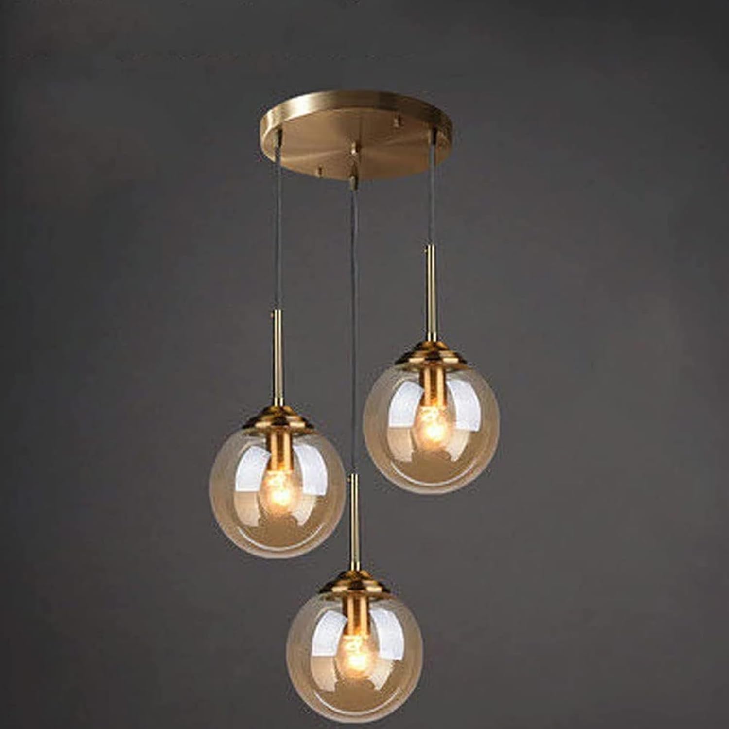 Lampadario industriale vintage in ottone a 3 luci Trasparente/Grigio fumé/Ambra Lampada a sospensione a sfera in vetro Cluster E27 Lampada a sospensione per soggiorno con isola cucina