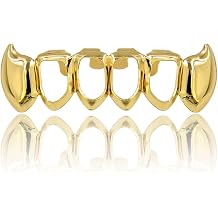 TOPGRILLZ Vampire Teeth Grillz - Grills for Your Teeth, 14K Gold Plated Vampire Fangs Open Face Gold Grillz for Men Women Hip Hop Cosplay Rapper Costume Accessory Extra 2 Molding Bars