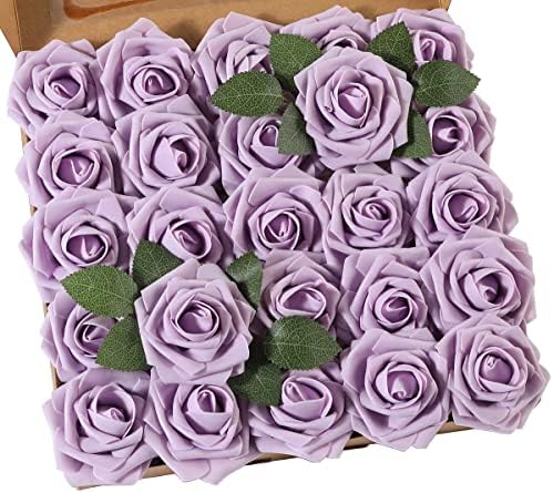 Artificial Flowers Rose Real Looking Fuchsia Fake Foam Roses for DIY Wedding Bouquets Centerpieces Bridal Shower Party Home Decoration (Ivory, 25pcs)