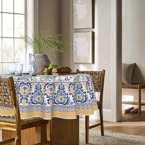 Horaldaily Provence Arabesque Tablecloth 90×90 Inch Round, Yellow and Blue Floral Rustic Washable Seasonal Table Cover for Party Picnic Dinner Decor by Horaldaily - Used condition - Image 3