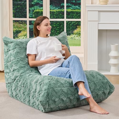 Image of Hobestluk Adults Bean Bag Chair Faux Fur BeanBag Couch for Living Room | Green Chevron,Ergonomic Design,Memory Foam,UltraSoft,Anti-slip Bottom,No Assembly Required,Decorative Style for Living Room