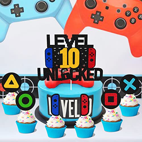 Level 10Th Unlocked Cake Topper With 30 Pieces Video Game Cupcake Toppers Happy 10Th Birthday Party Decoration Level 10S Up Cake Decor Playing Game Controller Kids Boy Girl Bday Party Event Supplies #TOP5