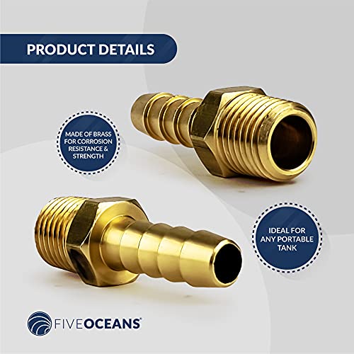 Five Oceans Fo4278 Brass Fuel Hose Barb 1/4 Inches Npt Thread X 5/16 Inches Hose, Crafted For Fuel Systems, Sharp-Edged Barbs, For Any Portable Tank #TOP4