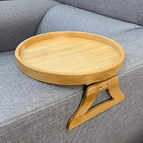 Xchouxer Side Tables Natural Bamboo Sofa Armrest Clip-On Tray, Ideal for Remote/Drinks/Phone (Round) Cover