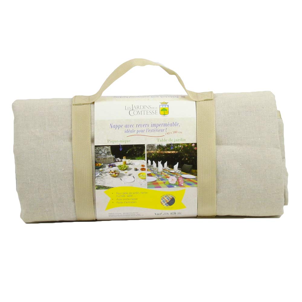 Les Jardins de la Comtesse - Rechteckige Picknickdecke XL Beige - Baumwolle wasserabweisender/Rückseite Polyester - 8 bis 12 Pers - Picknickdecke mit Halterung - Auch für Gartentisch - 140 x 280 cm
