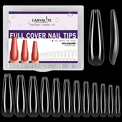Canvalite 120 Pièces Faux Ongles Capsules Gel Transparen French Acrylique Tips Ongles Cercueil Artificiel Ongle Extensions Couverture Complète 12 Tailles - T02 Cover
