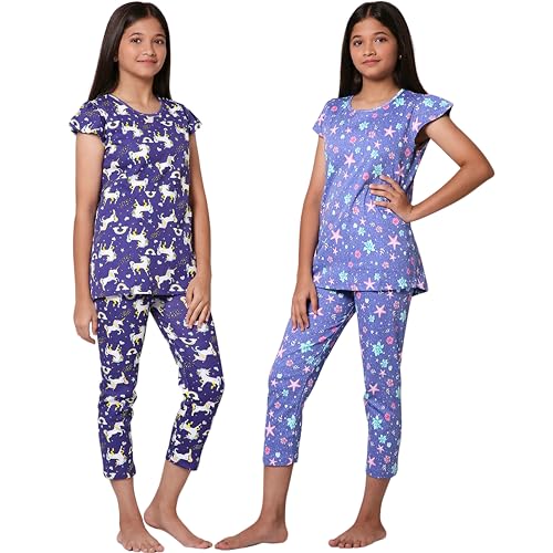 TotzTouch Girls Night Dress | Pajama Set | T-Shirt and Capris 3/4th Pant Pink,Purple, White, Violet, Blue Printed (Age 3 to 15 Years) Pack of 2