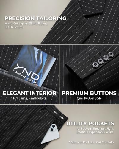 Image of YND Men's 3 Piece Suit with Tie, Solid Color Slim Fit Jacket Vest and Pants