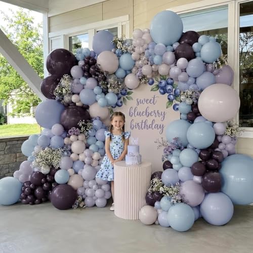 Image of Baby Blue Purple Balloon Arch Double Stuffed Lavender White Balloon Garland | Dusty Lilac Viloet Plum White Sand Balloons for Baby Shower,Birthday,Bridal,Fairy,Butterfly,BlueBerry Party Decorations