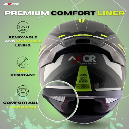Image of Axor Apex Turbine ISI ECE DOT Certified Full Face Dual Visor Helmet for Men and Women with Pinlock Fitted Outer Clear Visor and Inner Smoke Sun Visor Black Neon Grey Helmet-L