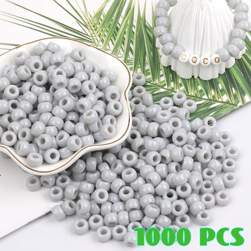 Image of 1000Pcs Pony Beads Bracelet 9mm Gray Plastic Barrel Pony Beads for Necklace,Hair Beads for Braids,Key Chain,Jewelry Making (Gray)