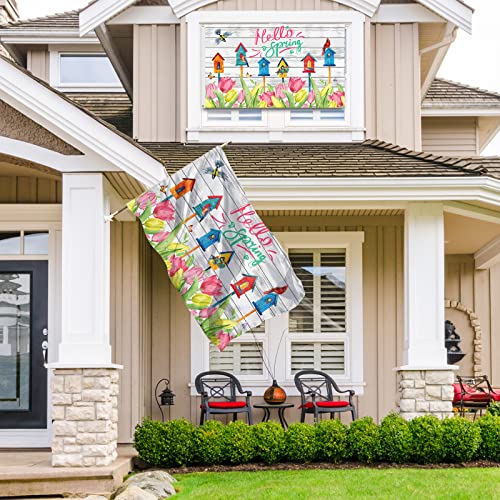 Senseven Hello Spring Birds Floral Flag 3X5 Ft Banner, Decorative Spring Cardinal Butterflies Tulips Banner With Brass Grommets For Home Porch Yard Farmhouse Outdoor Decor #TOP2