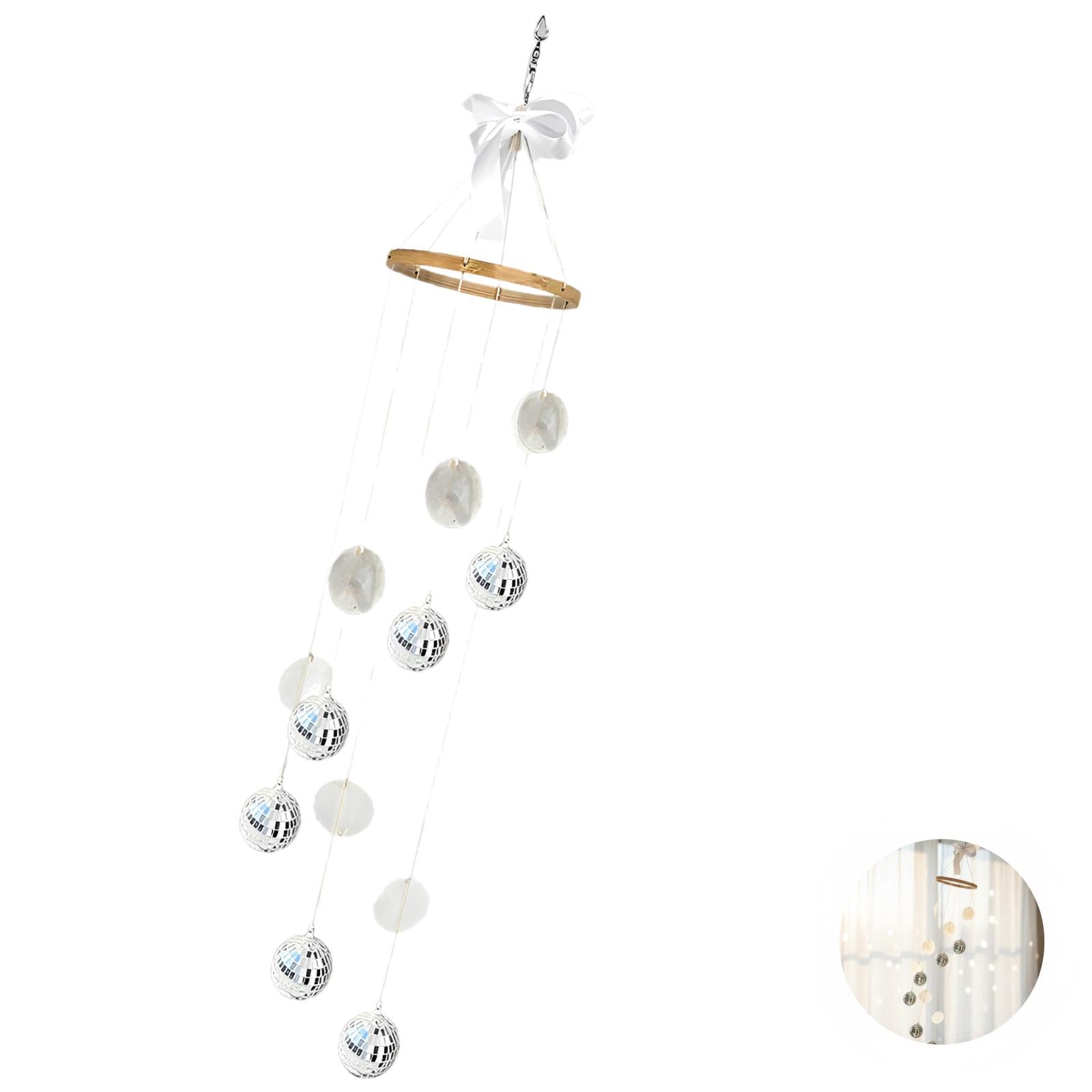 Décoration Suspendue Boule à facettes avec Coquillages naturels, Boule Miroir 88 cm, déco Artisanale réfléchissant la lumière avec Anneau en Bois pour fenêtre, Chambre, Patio, Jardin, fête